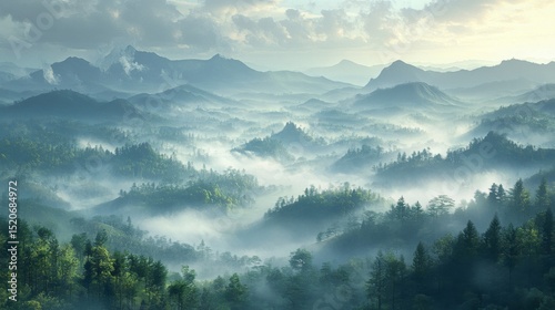 Misty Mountain Forest Landscape at Sunrise