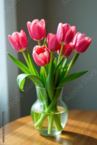Wallpaper Mural Several pink tulips in a casual arrangement, wooden table detail visible , bloom, tabletop, wood Torontodigital.ca