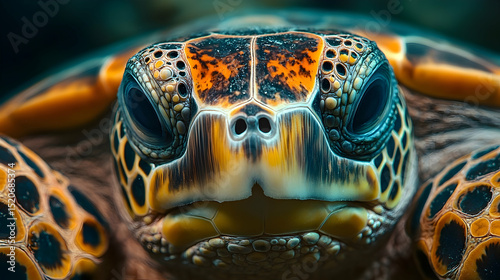 Close-up view of a sea turtle's intricate head.