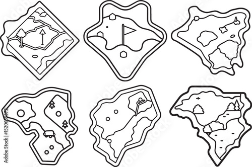 Set of Golf course map outline vector illustration, line art