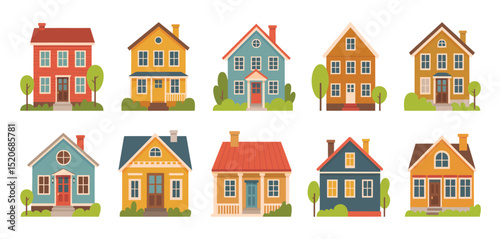 Collection of Colorful Suburban Houses Vector Illustration