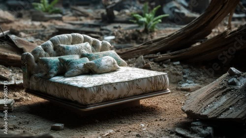 A bed in the middle of debris, symbolizing rest amid turmoil.
