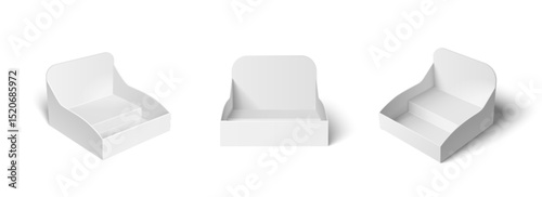 Set of white cardboard product display stands and holders. Blank promotional shelf ready for packages, countertop for retail exhibitors mockup isolated on white. 3d empty point of sale POS POPs.