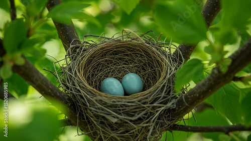 Bird's nest with two blue eggs in tree branches