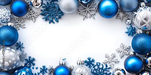 Blue Christmas background frame with snowflakes and festive new year decoration elements like balls and baubles for a joyful winter holiday celebration card design