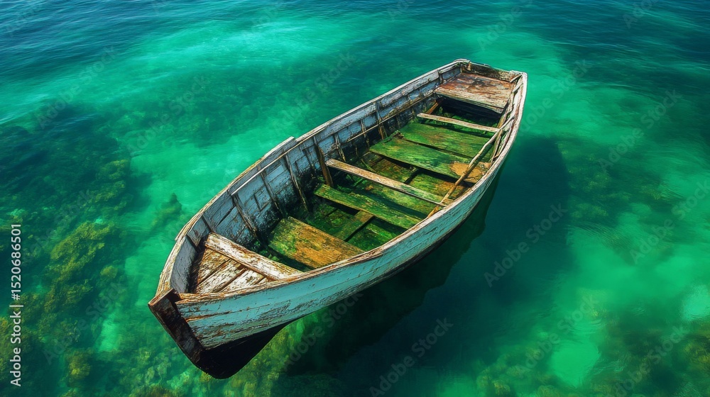 Obraz premium Old White Boat Submerged in Clear Green Sea Water