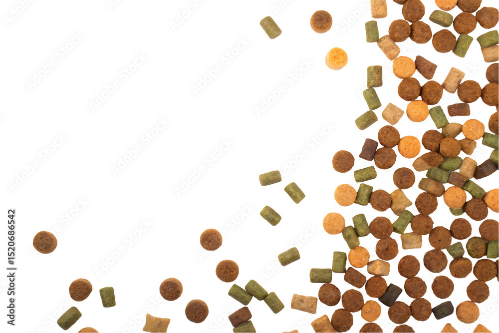 Dry Pet Food Isolated on Black Background Top View Healthy Nutrition for Cats and Dogs Dry Pet Food Isolated on Black Background Top View Healthy Nutrition for Cats and Dogs