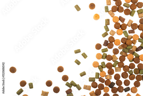 Dry Pet Food Isolated on Black Background Top View Healthy Nutrition for Cats and Dogs