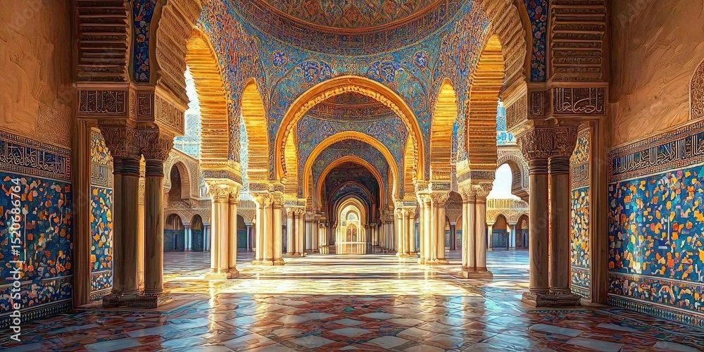 Obraz premium Large mosque courtyard with patterned tile floor, blue domes, and tall minarets under clear sky. Generative by AI.