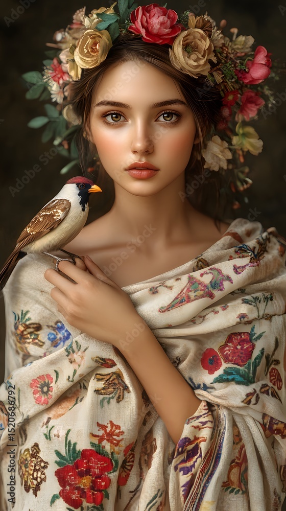 Fototapeta premium A young woman adorned with a floral crown and a patterned shawl.