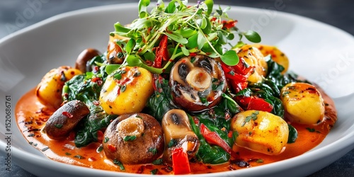 Creamy spinach and mushroom gnocchi served with herbs and tomato sauce