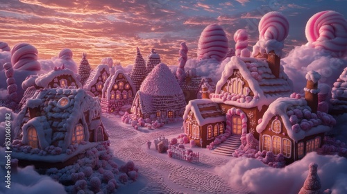 Pink Gingerbread Village on Snowy Clouds at Sunset