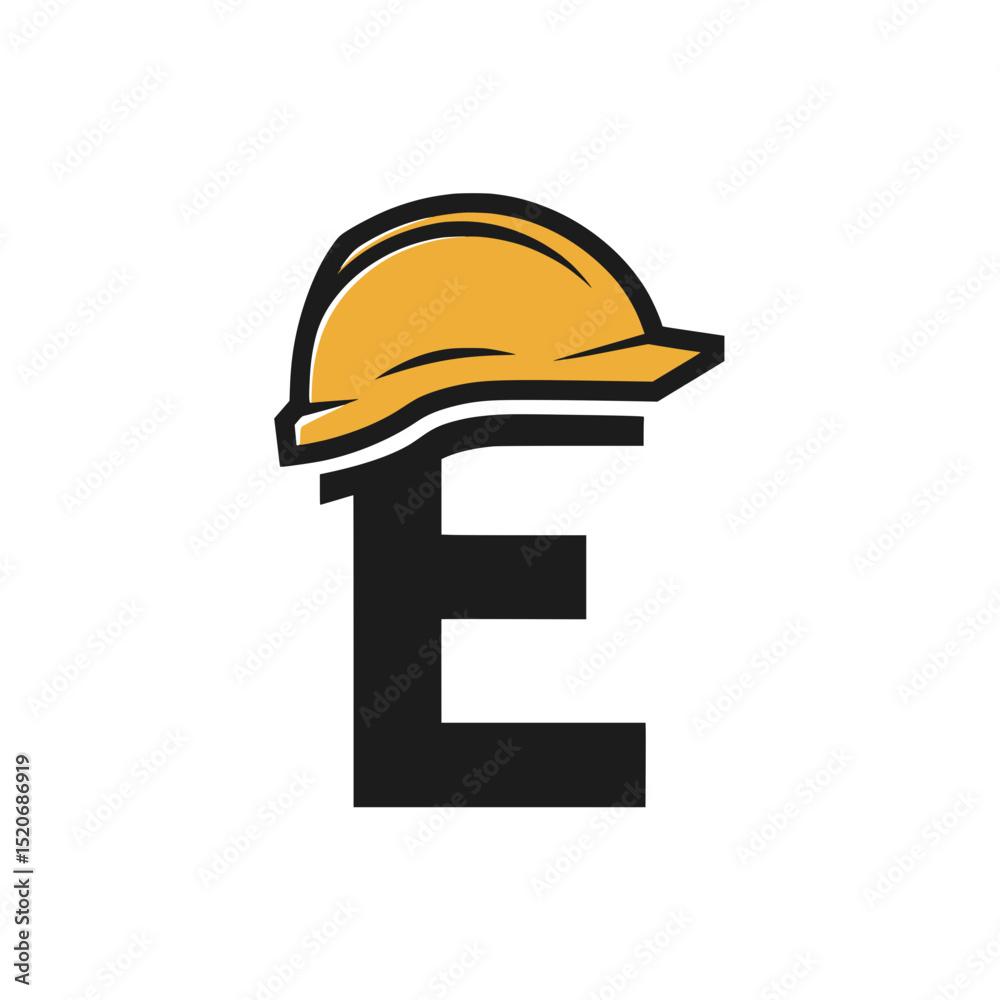 Letter E Construction Logo with Hard Hat, Creative logo combining the letter E with a stylized yellow construction helmet and human face, symbolizing building and safety themes.

