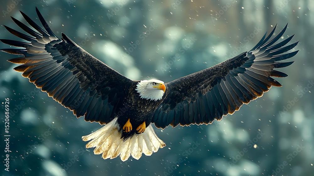 Fototapeta premium Majestic bald eagle soaring through a winter landscape.