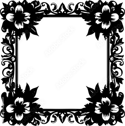  Ornate Floral Frame Silhouette with Blooming Flowers: A Beautiful and Elaborate Design Element for Invitations, Certificates, and Decorative Borders.