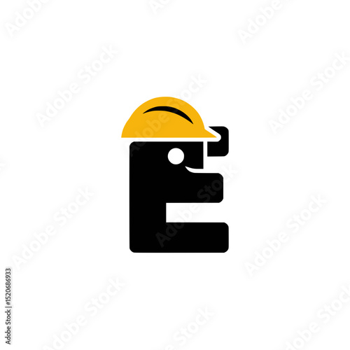 Letter E Construction Logo with Hard Hat, Creative logo combining the letter E with a stylized yellow construction helmet and human face, symbolizing building and safety themes.

