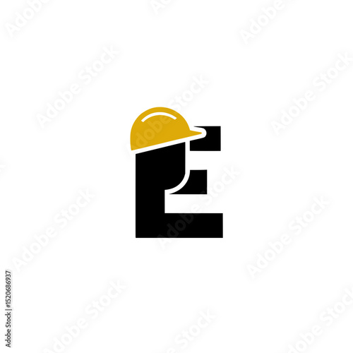 Letter E Construction Logo with Hard Hat, Creative logo combining the letter E with a stylized yellow construction helmet and human face, symbolizing building and safety themes.

