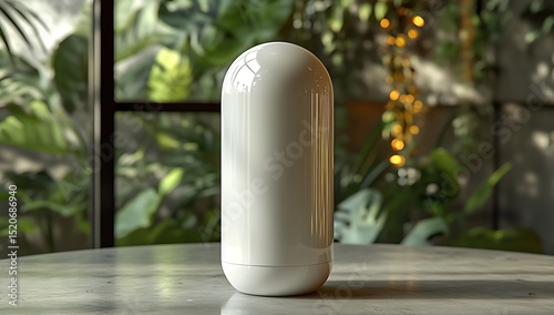 White cylindrical speaker mockup with lush greenery background

