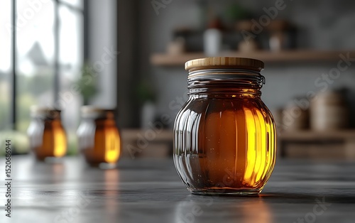 Amber honey jar mockup with wooden lid in soft kitchen light

