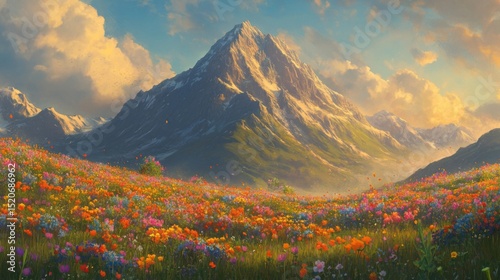 Vibrant Wildflower Meadow at the Foot of a Snow Capped Mountain