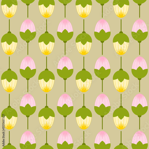 Beautiful Spring Vector Seamless Pattern with Pink and Yellow Tulips on Light Pastel Green Background