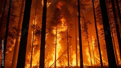 Forest fire with tall trees silhouetted against intense orange flames