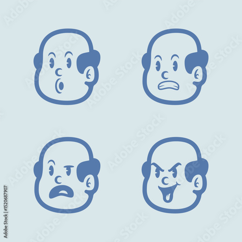 Cartoon bald man face set with various expressions: angry, smiling, winking, and surprised. Clean line vector style for emoji, avatar, mascot, or character design