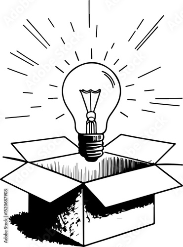  Brilliant Idea Light Bulb Emerging from a Box: A Visual Metaphor for Innovation, Creativity, and Thinking Outside the Box.