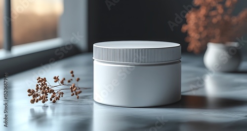 Minimalist white cream container mockup on marble surface

