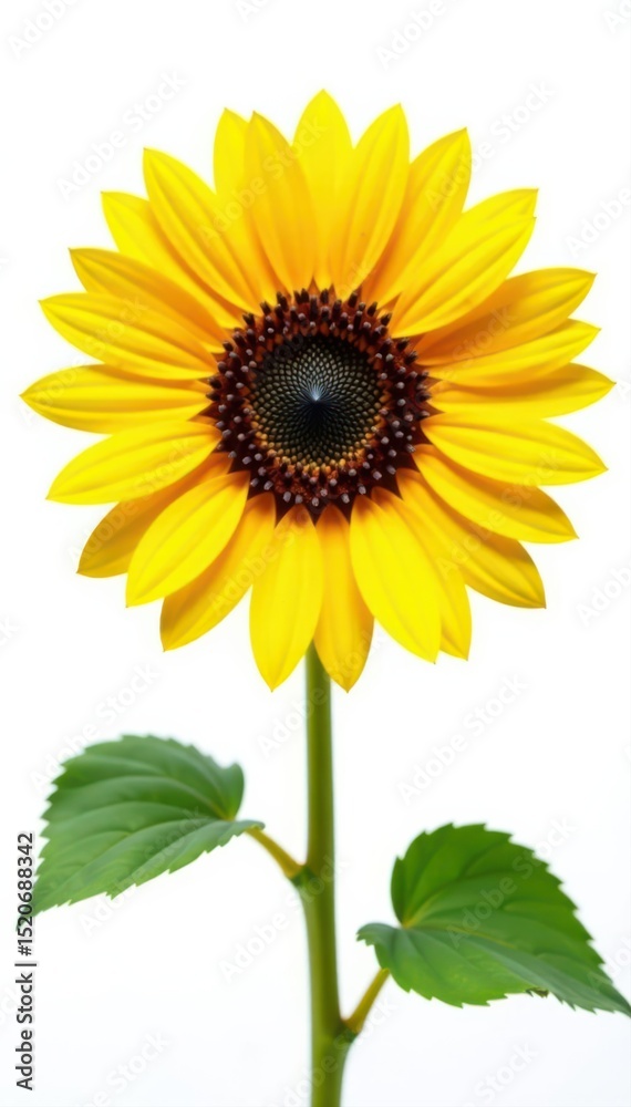 Naklejka premium Single large sunflower, bright yellow petals, white backdrop , yellow flower, flora, garden
