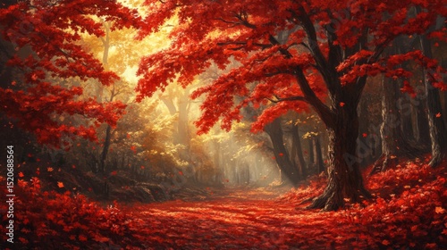 Red Autumn Forest Path Sunlight Golden Light