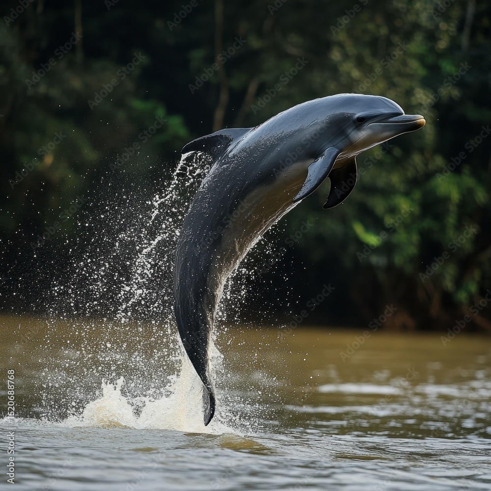 Obraz premium Dolphin Leaping Out of Water in Lush Greenery Background