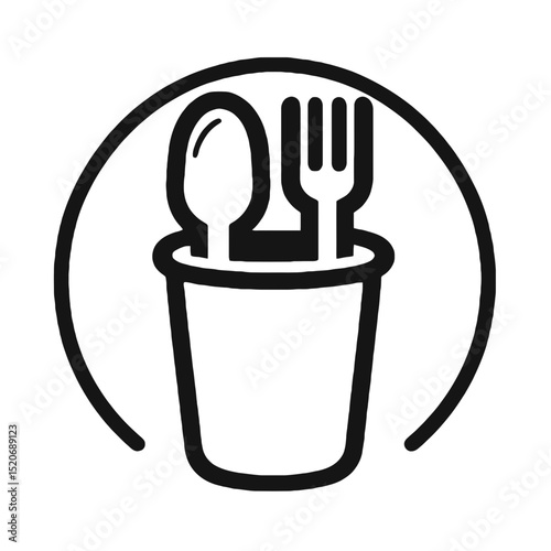 Spoon and fork inside a cup in minimalist black line design  