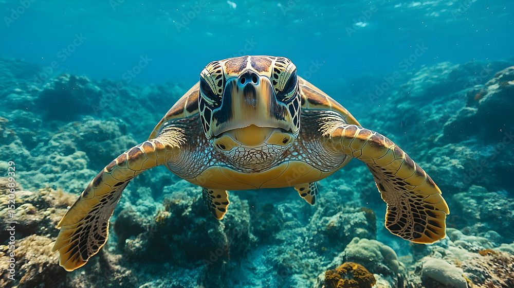 Fototapeta premium Close-up view of a sea turtle swimming in a coral reef.