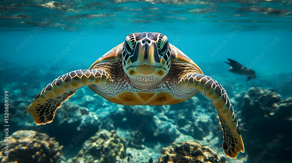 Fototapeta premium A sea turtle swims in the underwater world.