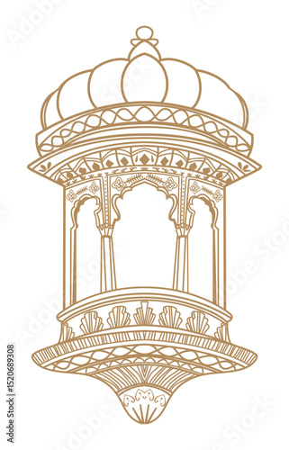Traditional mughal rajasthani jharokha vector illustration, vintage arch artwork 
