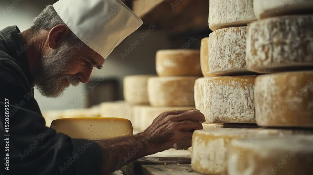 Craftsman carefully inspects aging cheese wheels in a traditional cheese cellar, showing expert technique