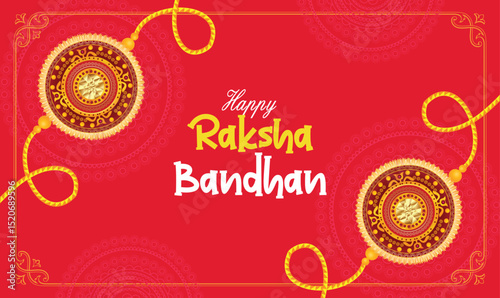 Raksha Bandhan, Indian festival for brother and sister bonding greeting card illustration with decorative rakhi on red background, indian traditional background.