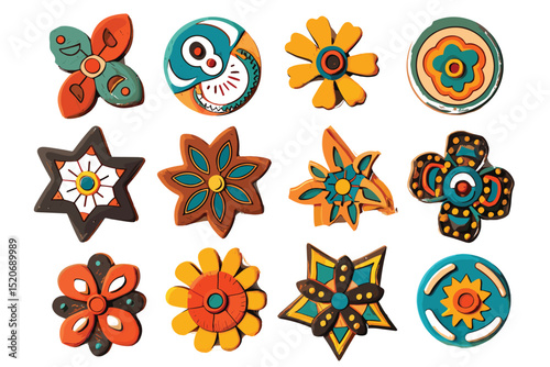Floral Set in Retro 1970 Peace Style. Collection of Floral Seventies Elements. Groovy Flowers. Hand Drawn Vector Illustration. Trendy 70s. Designed for fabric, textile, printing.