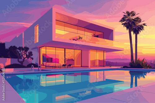 Modern villa with water pool night view.