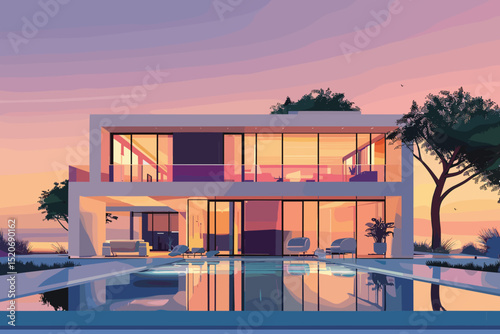 Modern villa with water pool night view.