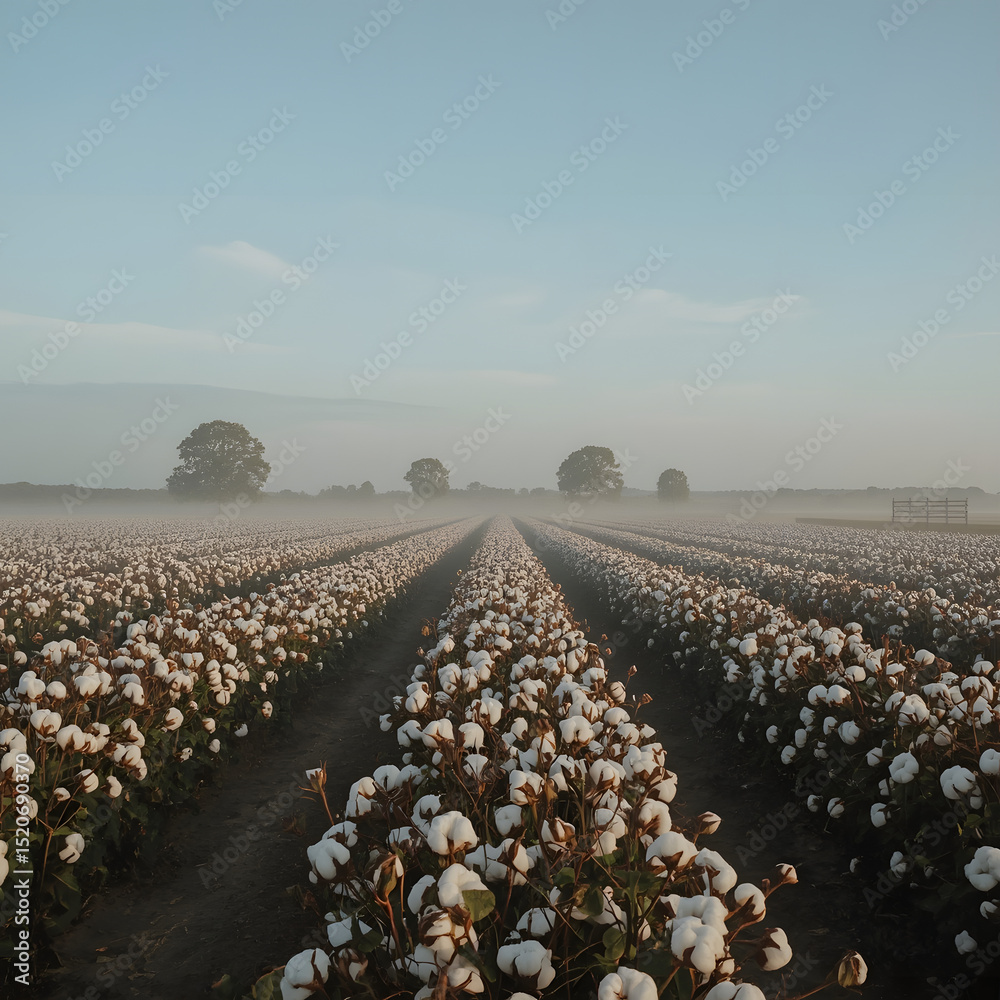 Fototapeta premium Cotton Field at Dawn: A breathtaking panoramic view of a cotton field at dawn, rows of cotton plants blanketed in a soft mist under a serene morning sky. Peaceful farmland.