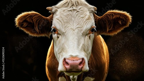 Cow stares, lights near ears, dark backdrop