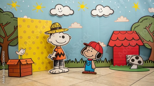 Cartoon illustration of children and a family with their dog playing with gifts at home