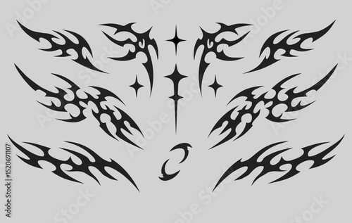 Neo tribal tattoo design Y2k style set with stars