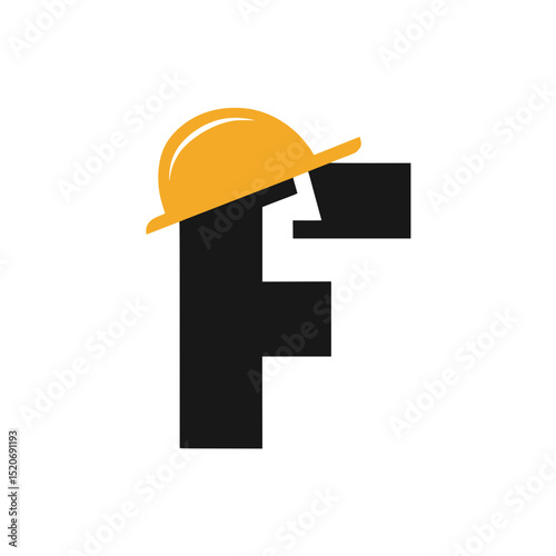 Letter F Construction Logo with Hard Hat, Minimalist letter F transformed into a worker icon wearing a yellow construction helmet, symbolizing safety, labor, and building industry.


