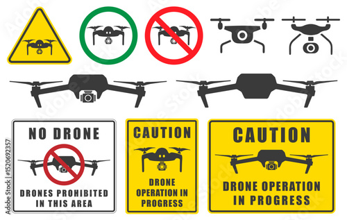 Caution Drone operation in progress. Quadcopter flying icon symbol. Danger Drone fpv copter with action camera. Photo and video filming. Vector illustration image. 