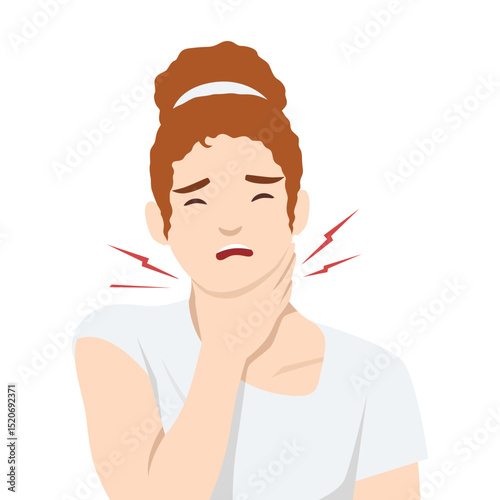 Woman holds her neck with a pained expression, depicting throat discomfort. Flat vector illustration isolated on white background