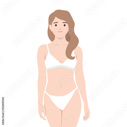 Woman standing confidently in a white bikini with long brown hair. Flat vector illustration isolated on white background