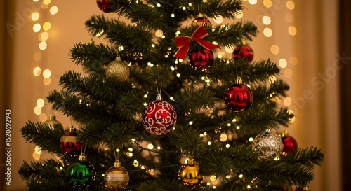 Decorated Christmas Tree with Ornaments and Lights